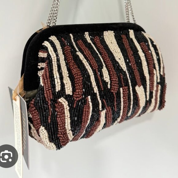 Handcrafted Bead Bag Contemp Tiger Print Crossbody 2 Straps, Chain & Leather NEW - Picture 1 of 11